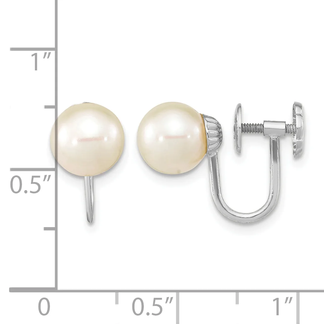 Pearl stud earrings with screw-back closures shown next to a ruler for scale, measuring approximately half an inch in diameter.