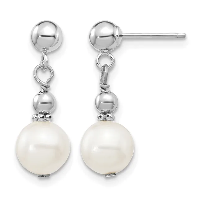 Pair of silver drop earrings with polished ball studs, heart-shaped connectors, smaller silver beads, and large cream-colored pearl drops, shown from front and back views.