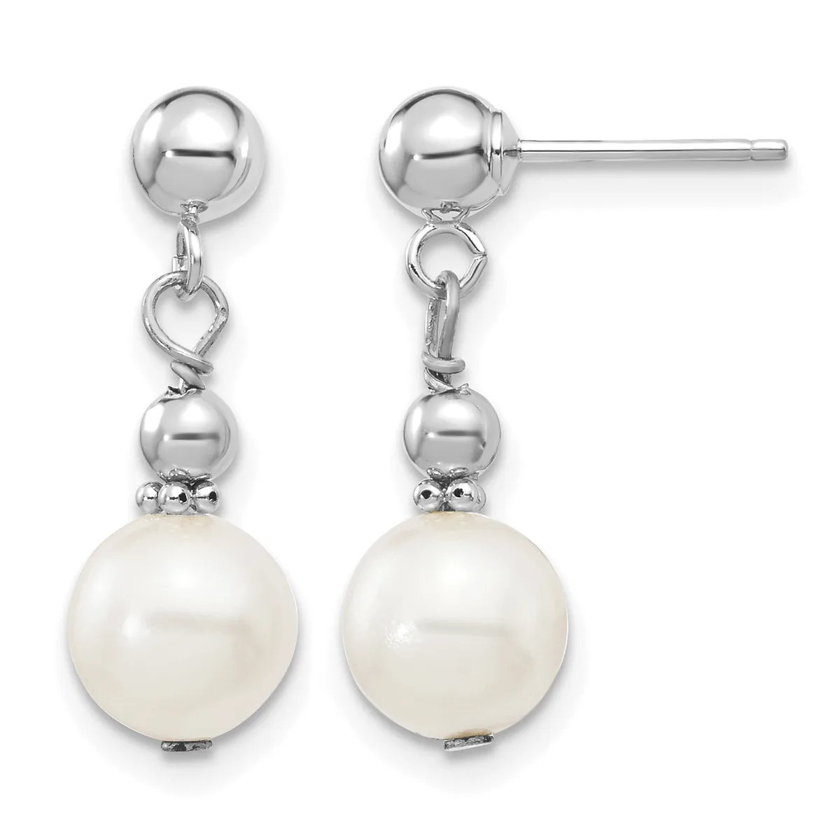 Pair of silver drop earrings with polished ball studs, heart-shaped connectors, smaller silver beads, and large cream-colored pearl drops, shown from front and back views.