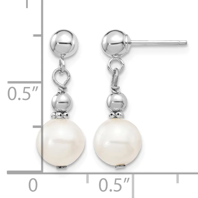 Pair of silver ball stud earrings with dangling pearl drops, shown with a measurement scale indicating approximately 0.5 inches in length.