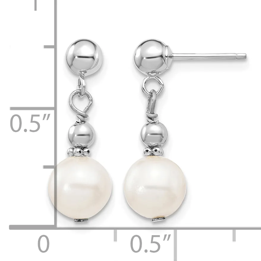 Pair of silver ball stud earrings with dangling pearl drops, shown with a measurement scale indicating approximately 0.5 inches in length.