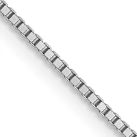 A polished silver-toned metal box chain with rectangular links displayed diagonally against a white background.