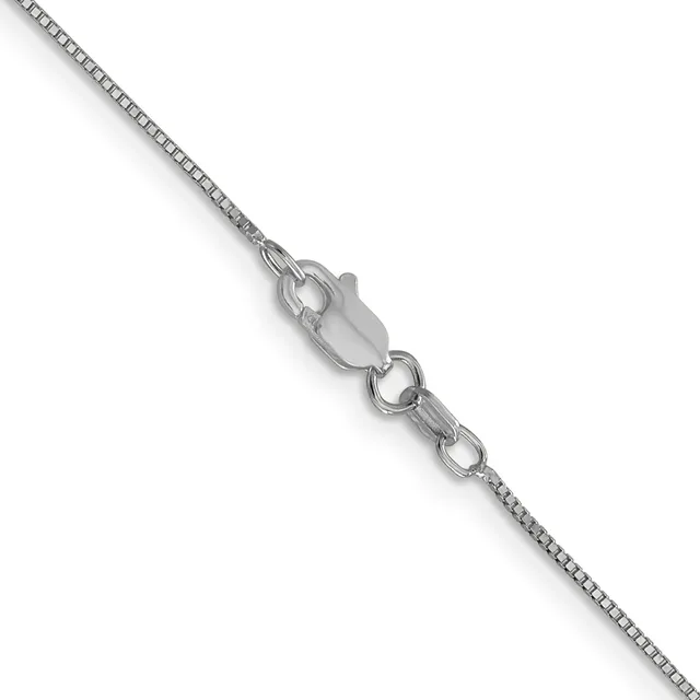 A silver box chain necklace with a lobster claw clasp and small jump rings, displayed diagonally against a white background.
