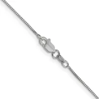A silver box chain necklace with a lobster claw clasp and small jump rings, displayed diagonally against a white background.