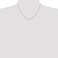 A thin silver chain necklace displayed on a mannequin bust against a white background.