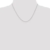 A thin silver chain necklace displayed on a mannequin torso against a white background.
