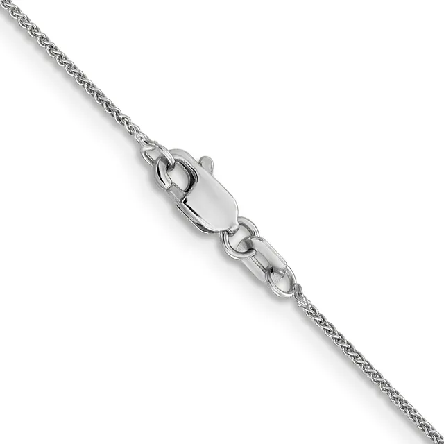 A silver twisted rope chain necklace with a lobster claw clasp, displayed diagonally against a white background.
