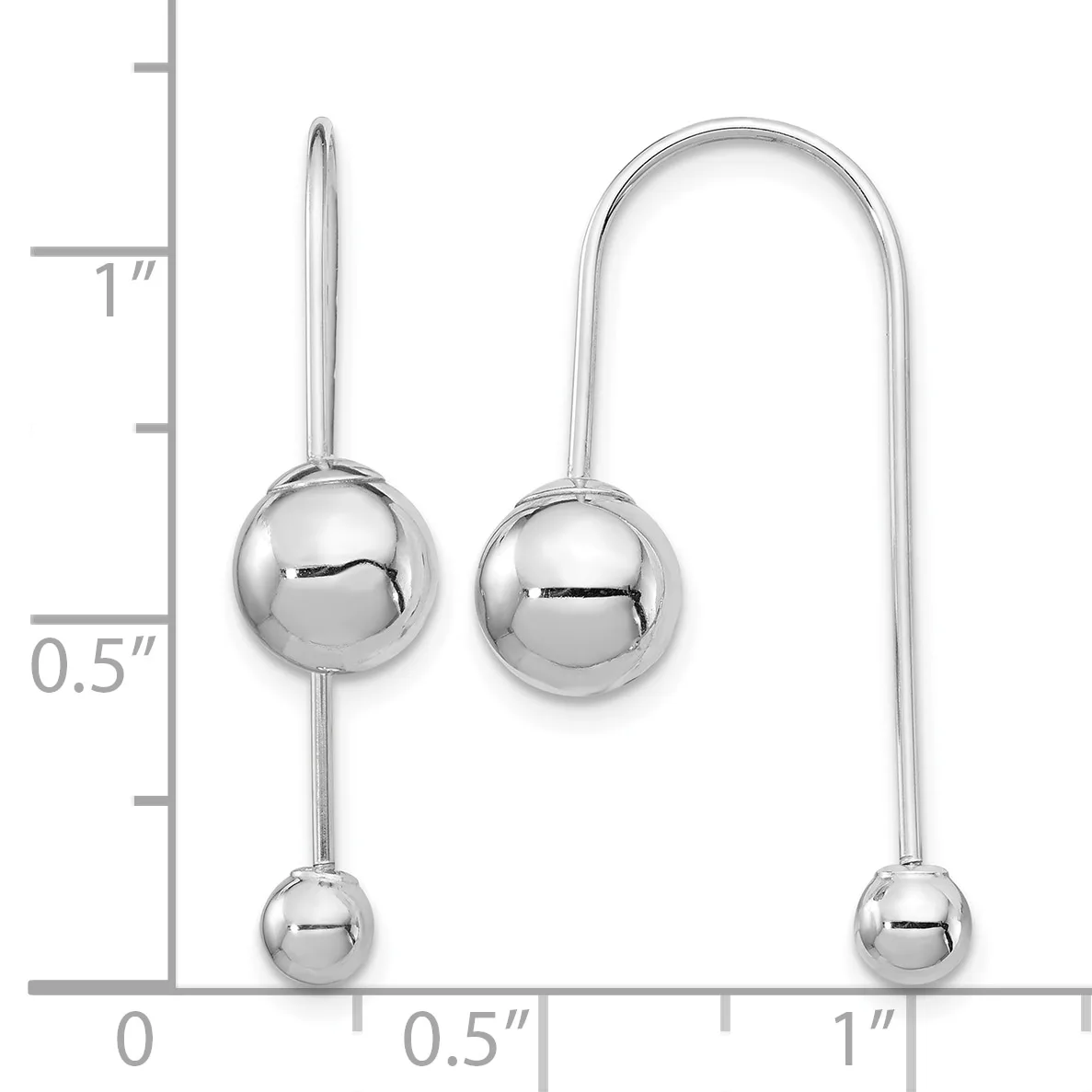 Two pairs of silver ball drop earrings displayed next to a ruler showing measurements up to one inch.