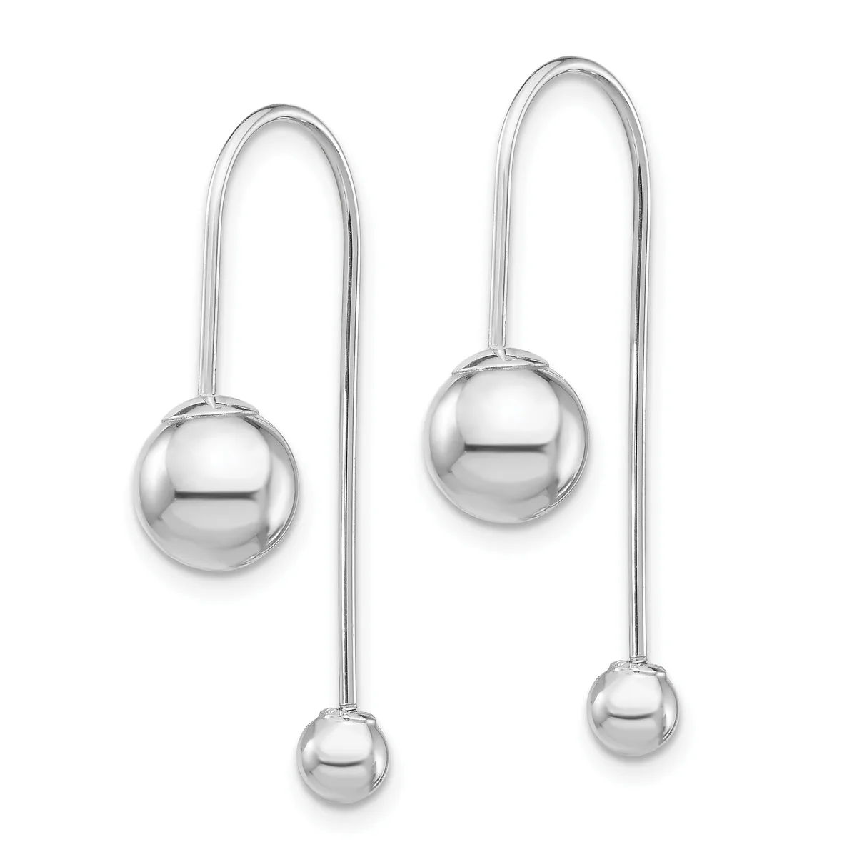 A pair of polished silver threader earrings with spherical beads of varying sizes suspended from curved wire stems.