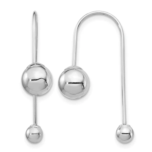 Two pairs of polished silver ball drop earrings with varying lengths, displayed against a white background.