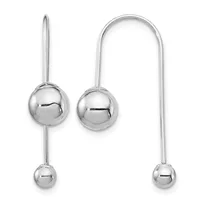 Two pairs of polished silver ball drop earrings with varying lengths, displayed against a white background.