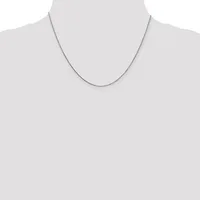 A thin silver chain necklace with a small lobster clasp displayed on a mannequin torso against a white background.