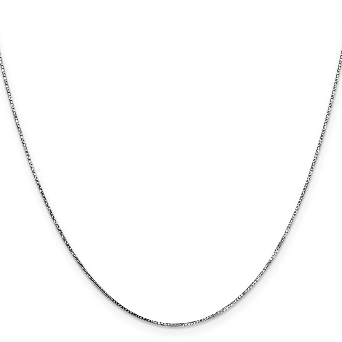 A silver box chain necklace displayed against a white background.