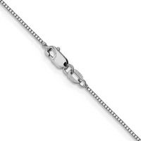 A silver box chain necklace with a lobster claw clasp and small stamped hallmark, displayed diagonally against a white background.