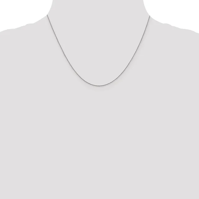 A thin silver chain necklace displayed on a mannequin torso against a white background.