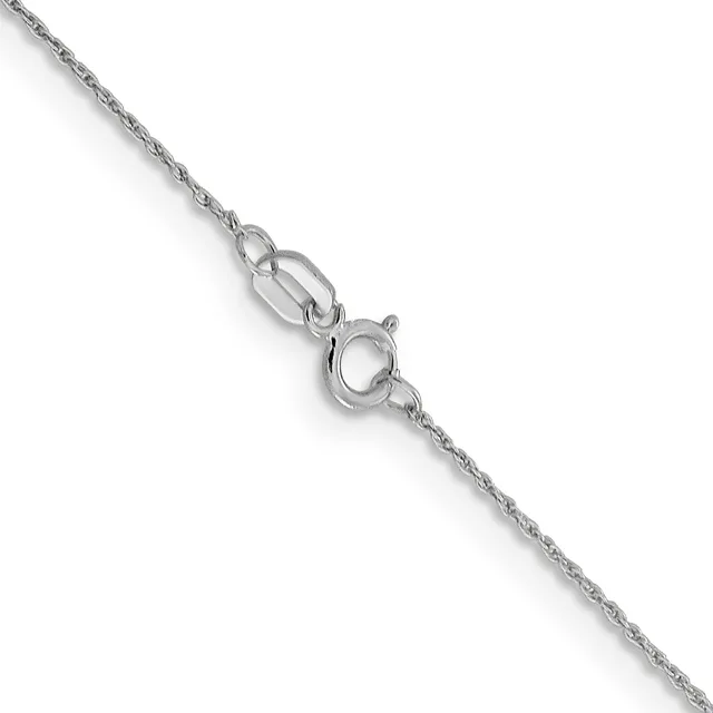 A silver chain necklace with a spring ring clasp and attached jump ring, displayed diagonally against a white background.