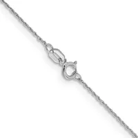 A silver chain necklace with a spring ring clasp and attached jump ring, displayed diagonally against a white background.