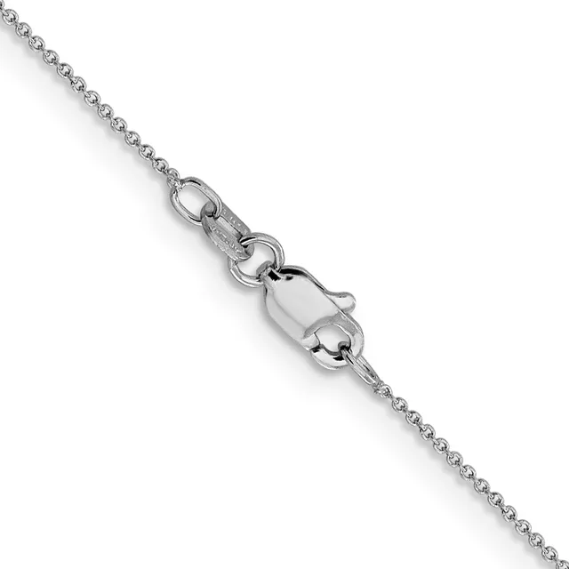 A silver chain necklace with a polished lobster claw clasp and small stamped hallmark, displayed at an angle against a white background.