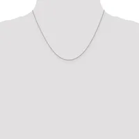 A thin silver chain necklace displayed on a mannequin torso against a neutral background.