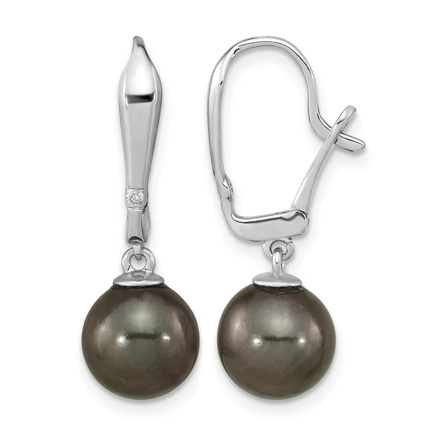 Pair of silver earrings with polished dark gray pearl drops suspended from ornate silver posts with lever-back closures.