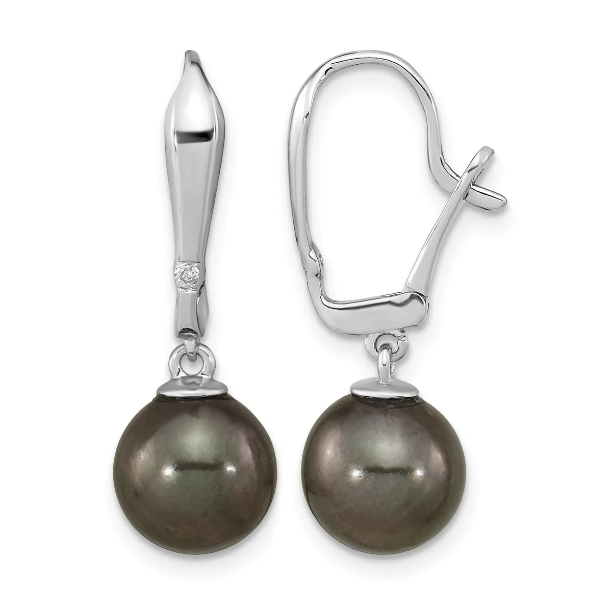 Pair of silver earrings with polished dark gray pearl drops suspended from ornate silver posts with lever-back closures.