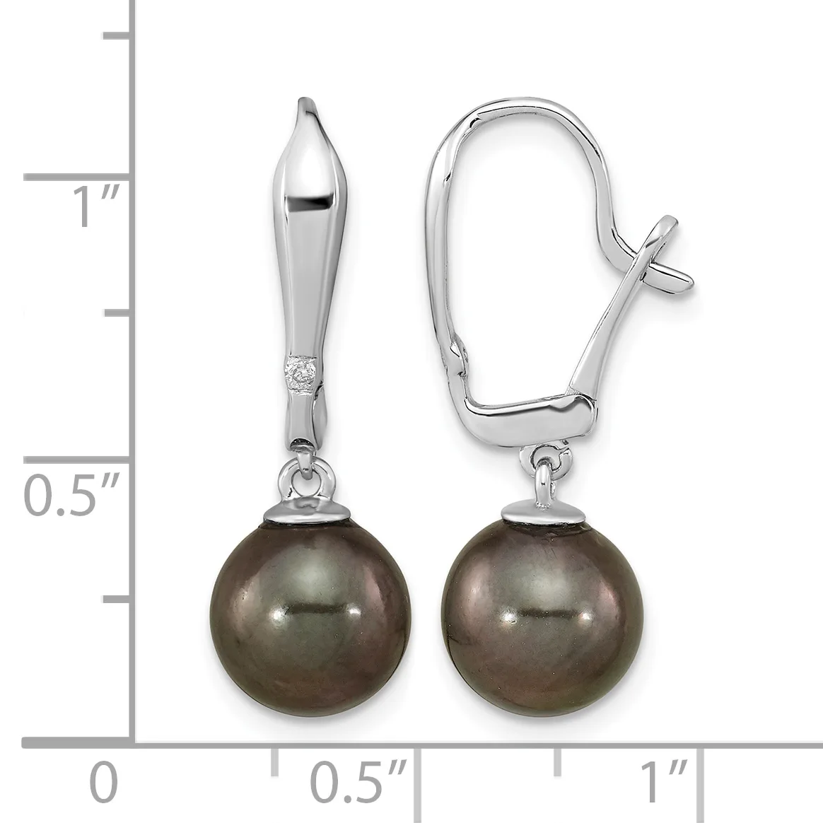 Pair of silver earrings with tapered polished caps above dark gray pearl drops, shown next to a ruler indicating approximately one inch in length.