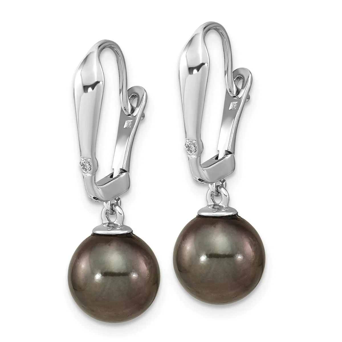 Pair of silver-toned leverback earrings with dark gray pearl drops, displayed against a white background.