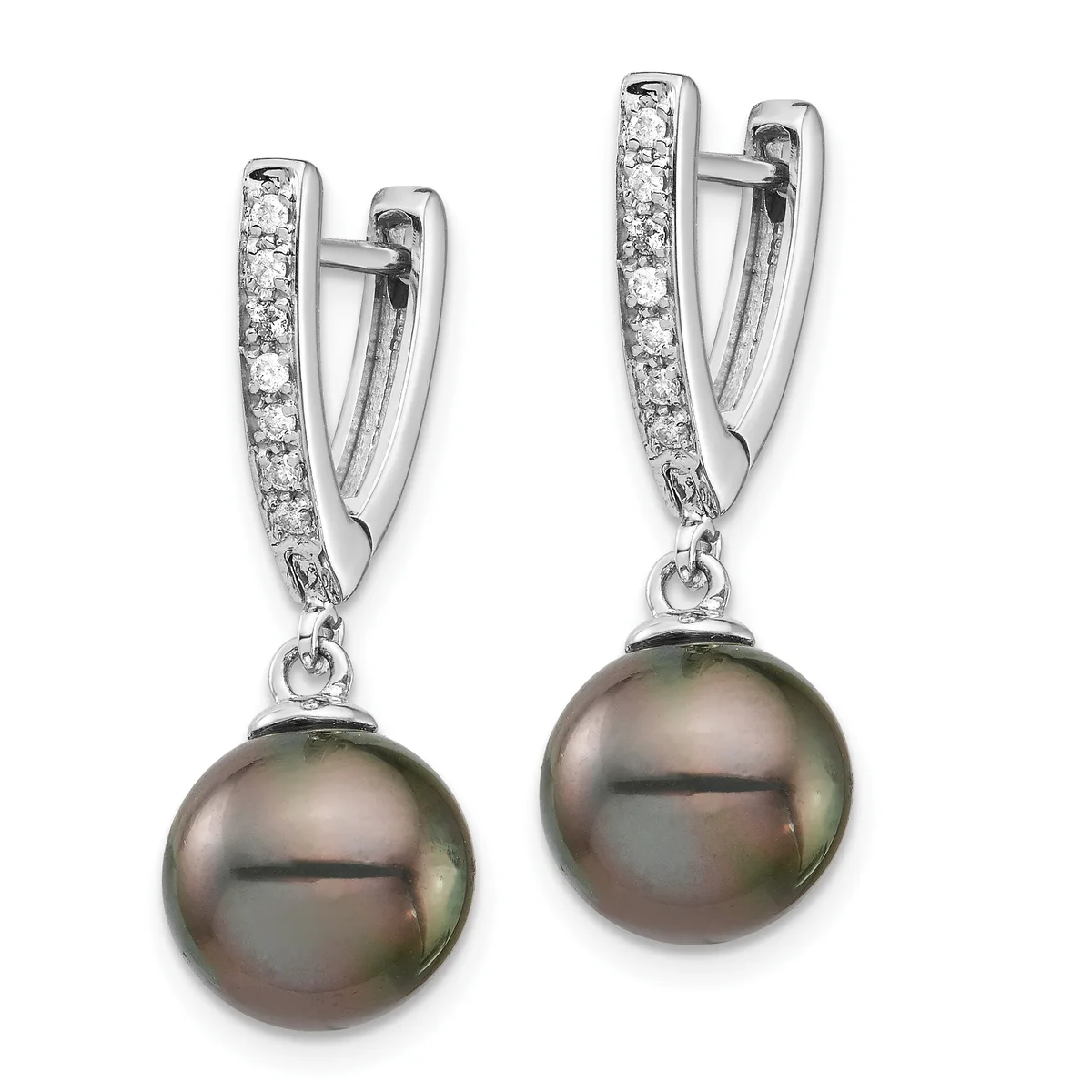 Pair of silver hoop earrings with diamond pave tops and dangling dark gray pearl drops, shown from the front.