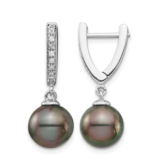 A pair of silver hoop earrings with diamond-accented posts and dark green pearl drops suspended below.