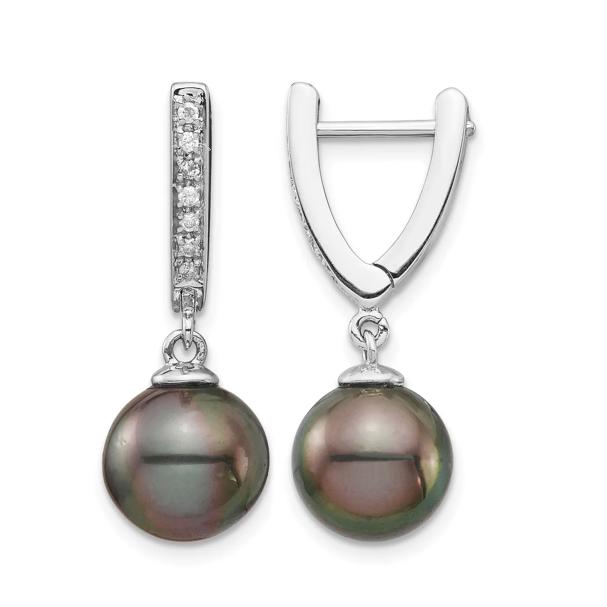 A pair of silver hoop earrings with diamond-accented posts and dark green pearl drops suspended below.