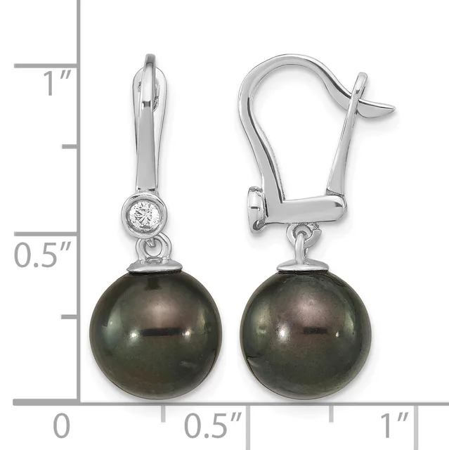 A pair of silver lever-back earrings featuring dark gray pearl drops suspended below small round diamond studs, displayed against a measurement scale.