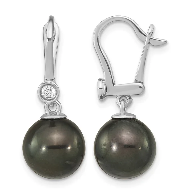 Pair of silver leverback earrings with round dark gray pearl drops suspended below small round diamond studs, shown from front and side views.
