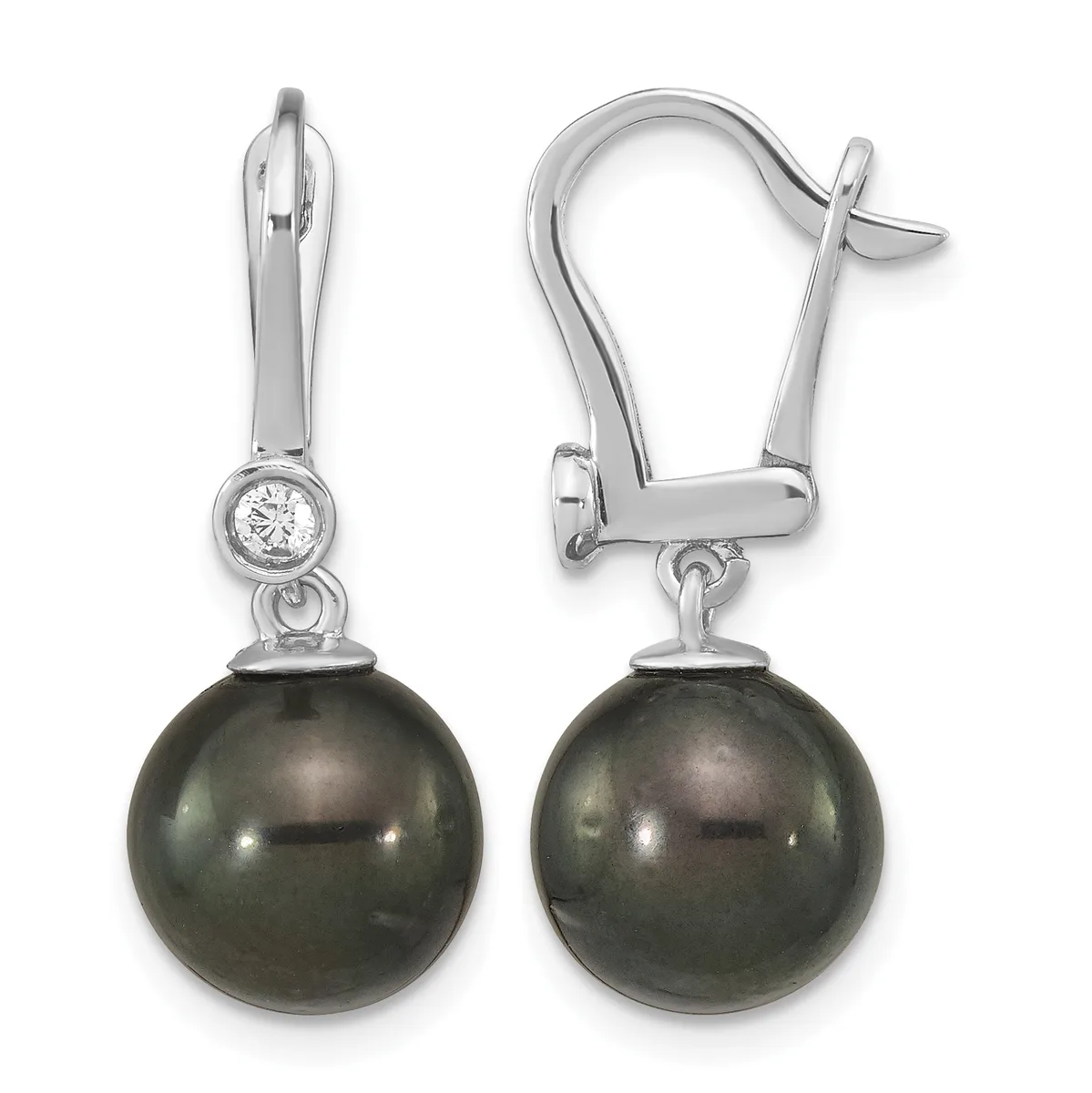 Pair of silver leverback earrings with round dark gray pearl drops suspended below small round diamond studs, shown from front and side views.