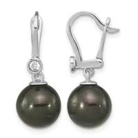 Pair of silver leverback earrings with round dark gray pearl drops suspended below small round diamond studs, shown from front and side views.