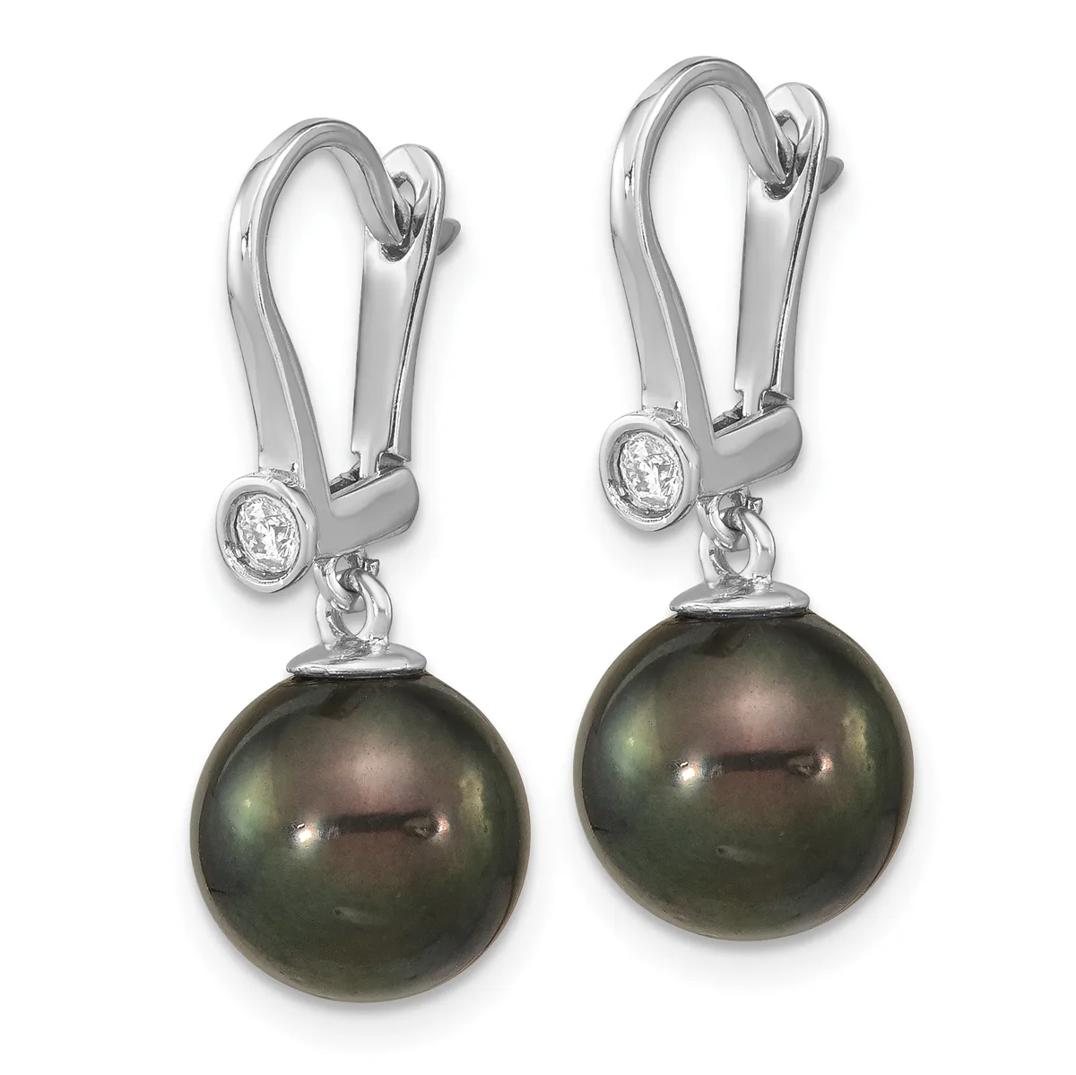 A pair of silver drop earrings with lever backs, each featuring a small round diamond above a dark green pearl.