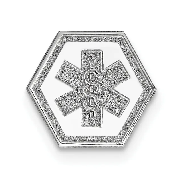 Hexagonal silver medical alert emblem with a Star of Life symbol in the center, featuring the caduceus staff, displayed against a white background.