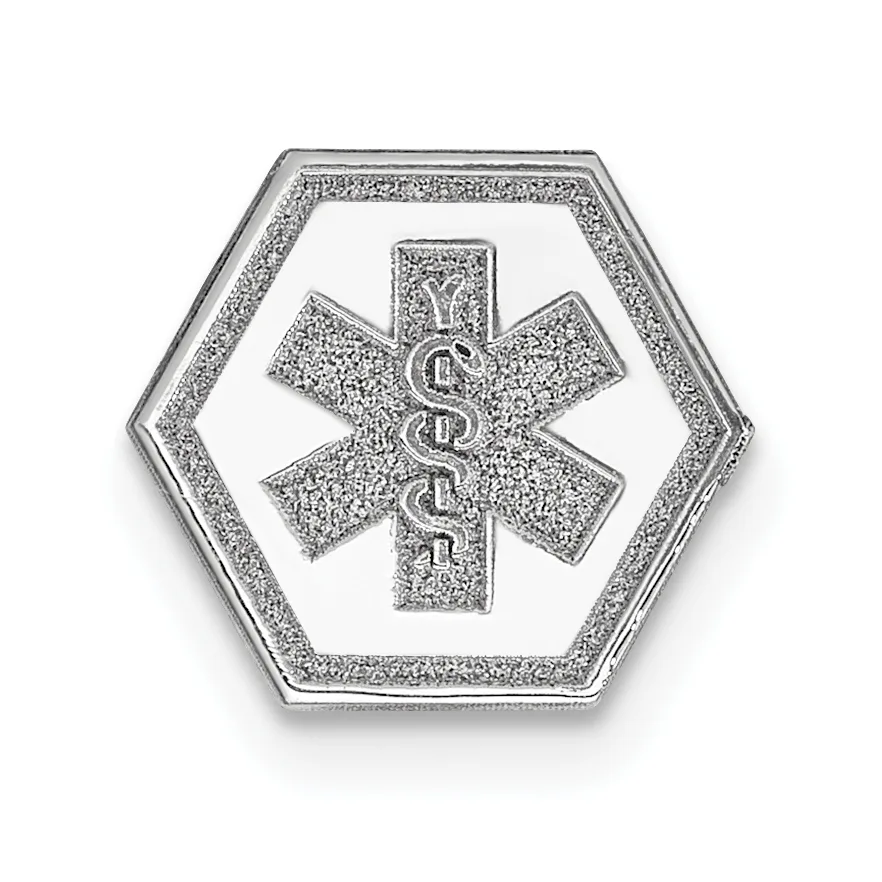 Hexagonal silver medical alert emblem with a Star of Life symbol in the center, featuring the caduceus staff, displayed against a white background.