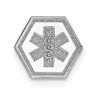 Hexagonal silver medical alert emblem with a Star of Life symbol in the center, featuring the caduceus staff, displayed against a white background.