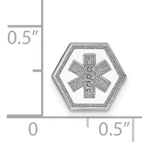 Hexagonal medical alert charm with a star of life symbol and textured surface, shown next to a ruler indicating 0.5 inch width.