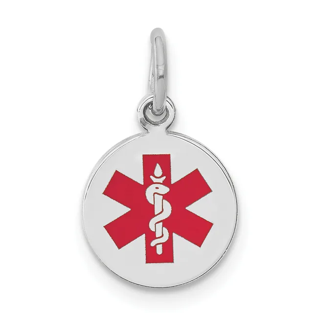 Silver circular medical alert pendant with red star of life symbol and white caduceus, suspended from a silver bail loop.