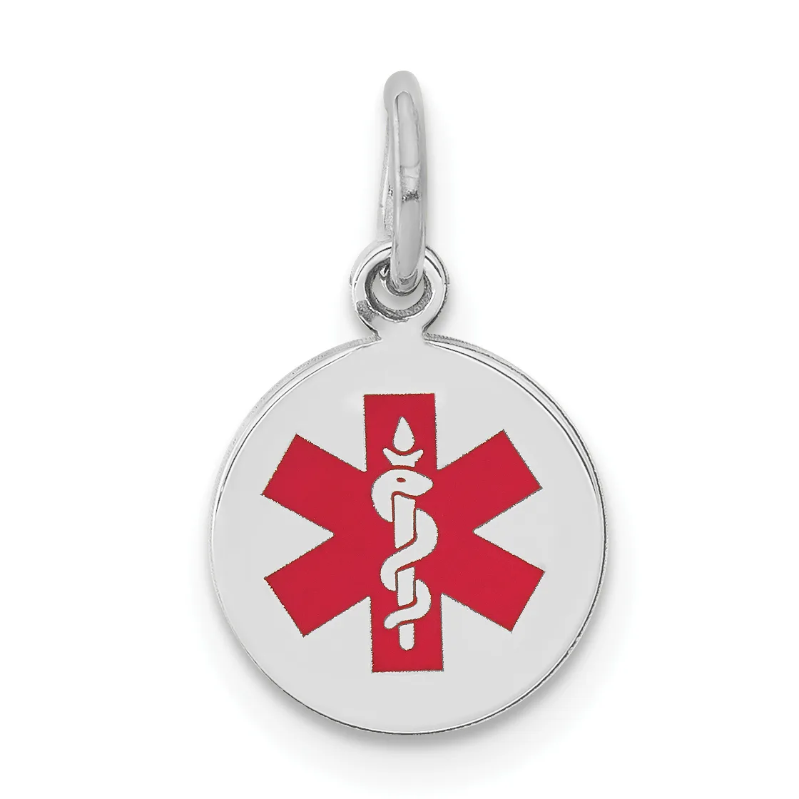 Silver circular medical alert pendant with red star of life symbol and white caduceus, suspended from a silver bail loop.