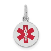 Silver circular medical alert pendant with red star of life symbol and white caduceus, suspended from a silver bail loop.