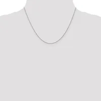 A thin silver chain necklace displayed on a mannequin torso against a light gray background.