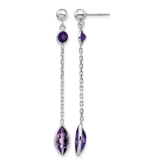 Pair of silver dangle earrings with purple amethyst stones featuring ball studs at top, chain links in middle, and marquise-shaped stones at bottom.