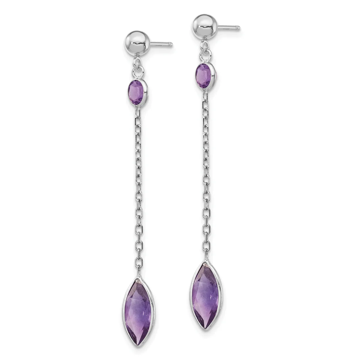 Pair of silver dangle earrings with purple amethyst stones, featuring small oval stones near the top and larger marquise-shaped stones suspended below on delicate chain links.
