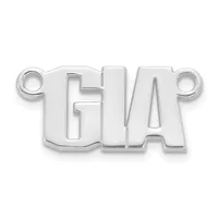 A silver-colored metal pendant with cutout letters and two small loops at the top ends for attachment.