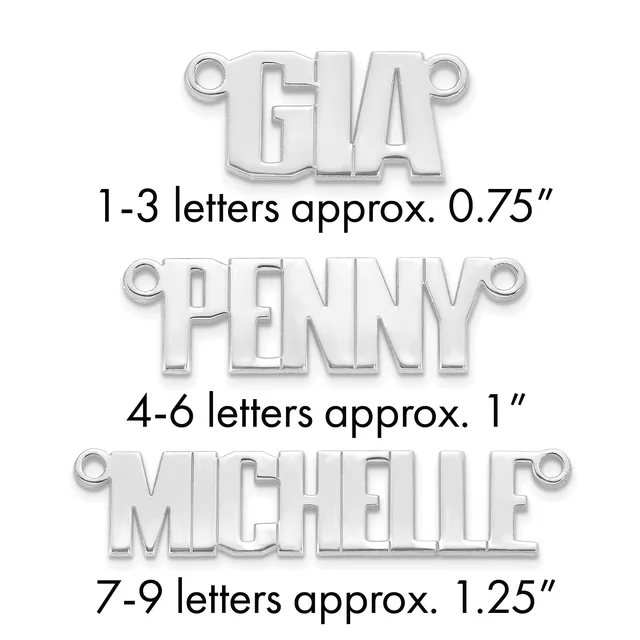 Three silver metal name charms showing size comparison, with loops at each end, labeled by letter count and approximate width measurements.