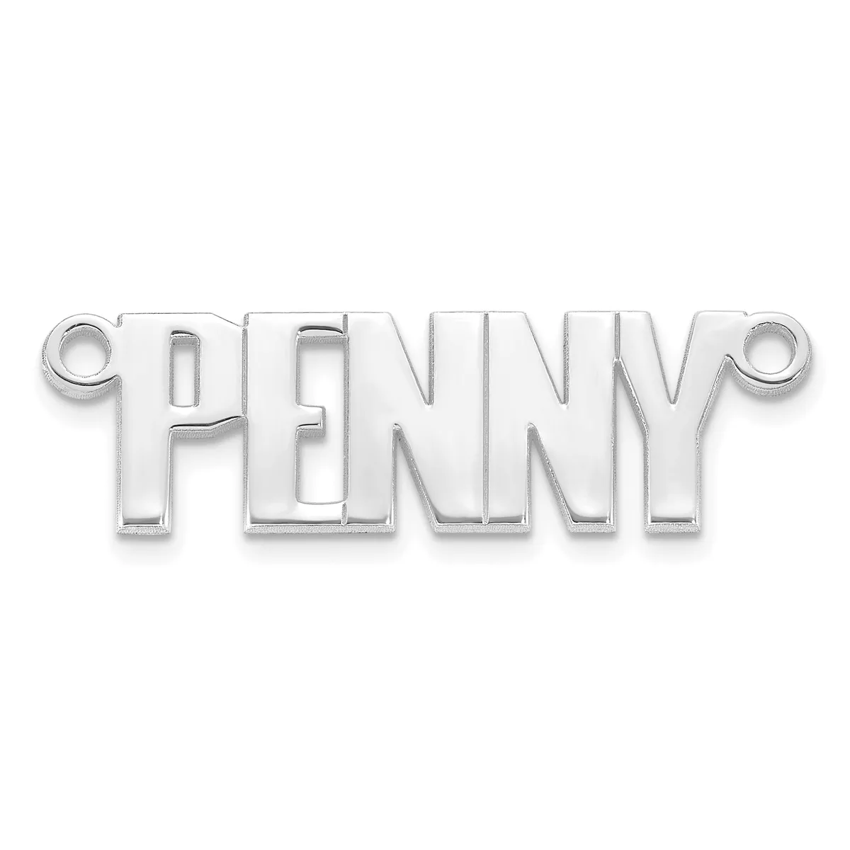 Silver-toned metal charm or pendant spelling out a word in capital letters with small looped attachments on each end.