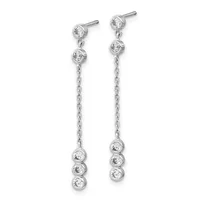 Pair of silver drop earrings with stud tops featuring cubic zirconia stones, connected by delicate chains to clustered cubic zirconia drops at the bottom.