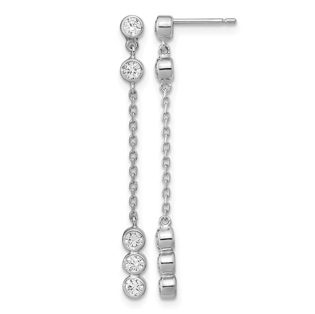 A pair of silver dangle earrings with bezel-set round cubic zirconia stones connected by delicate chain links, displayed against a white background.